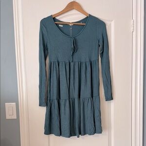 Anthropologie See You Monday Teal Ribbed Tiered Mini Dress Size Medium NWT
